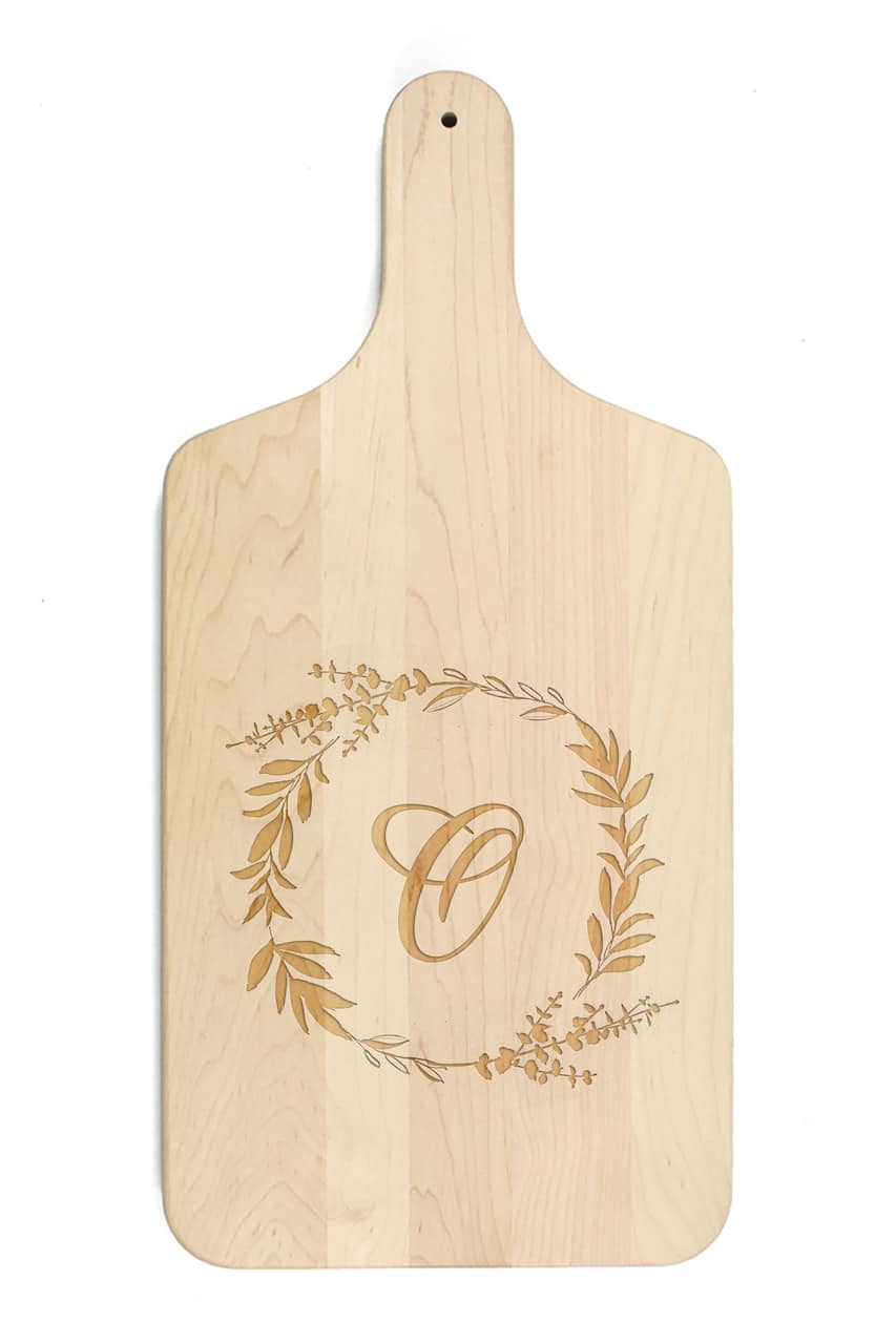 Floral Wreath Monogram Maple Paddle Cutting Board